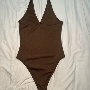 Brown Halter Neck Bodysuit with High-Cut Legs